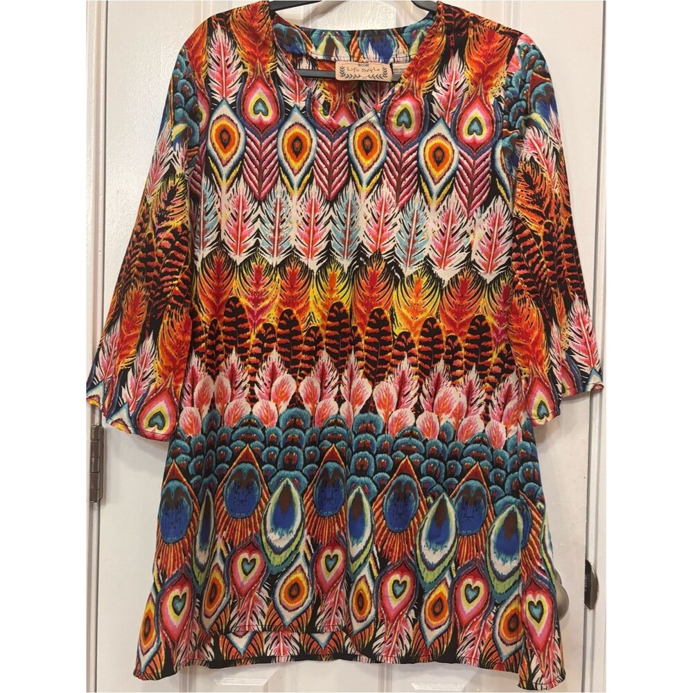 Boho Peacock Feather Tunic Small Top Colorful Statement Flowy Blouse - Picture 2 of 8
